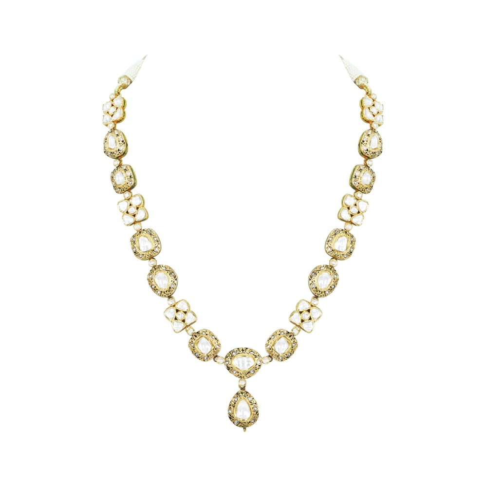 Polki Necklace with Teardrop Pendant in Partash work